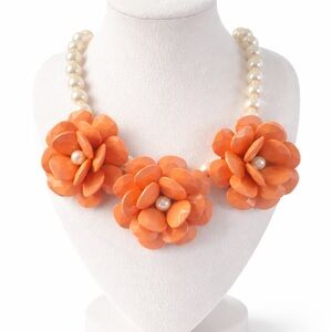 Vintage Orange Lucite Flower Statement Necklace w/ Faux Pearl Strand